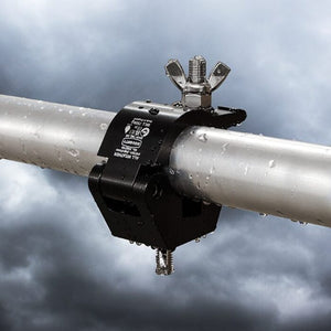 Doughty All Weather Hook Clamp - Heavy-duty truss clamp securing metal pipe in rain.
