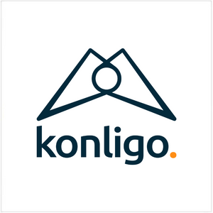 The official logo for Konligo, featuring an abstract dark blue geometric symbol that looks like a structural tent or canopy above the lowercase text konligo, finished with a bright orange period.
