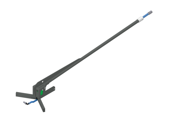 Gereedschap met lange steel, zwart handvat en groene voetsteun op een witte achtergrond