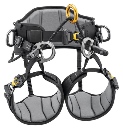 Gray climbing harness with black straps and yellow accents on a white background
