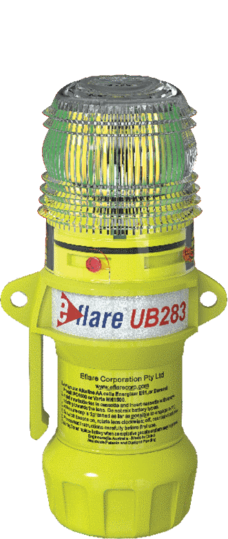 Eflare UB283 LED safety beacon, front view showing dome lens, mounting bracket and product label