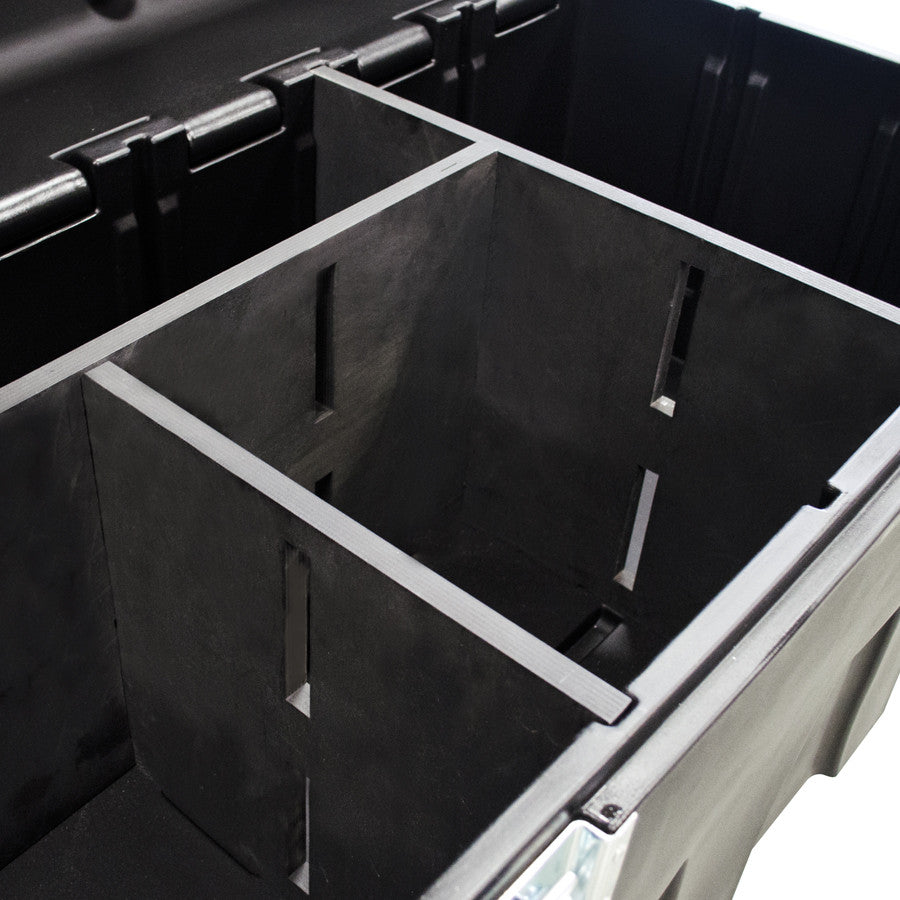 Black storage case with compartments on a white background
