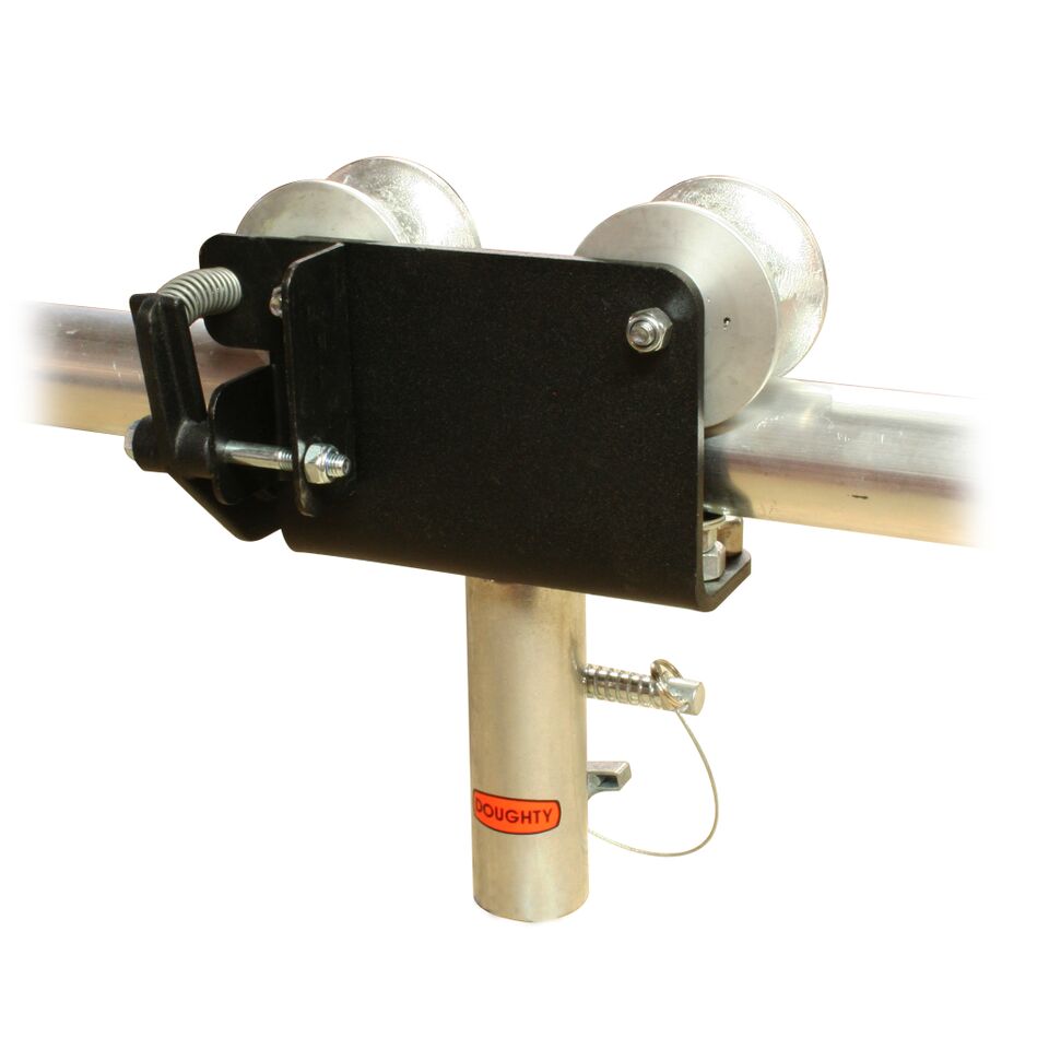 Doughty Slimline Barrel Trolley (Aluminum)– Barrel Trolleys used to suspend Pantographs from fixed/rolling pipe grids & barrel hoists. This lightweight un-braked trolley rolls along ⌀48-51mm tubes. Accept a 28mmTV spigot. SWL: 75kg. – Now available at MTN Shop EU. - imagen 2
