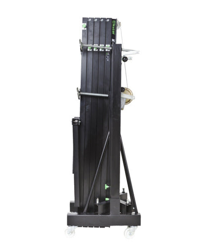 Kuzar Tower Lift K-52– Kan höja både STRUKTURER och AUDIO PA SYSTEMS eller LINE ARRAY, eftersom den kombinerar en exakt benöppning för att introducera arrayen med speciella förstärkningsstag – nu tillgänglig hos MTN Shop EU.