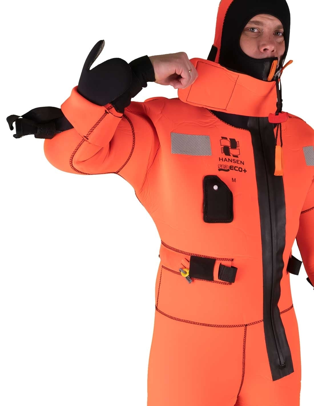 Hansen Protection SeaEco+ Solas Immersion Suit 82608– SeaEco+ is a further development of our SeaEco immersion suit. The major difference is that this suit is certified for use without a lifejacket. Built-in buoyancy in the collar ensures proper a floating position and adequate freeboard. Vacuum packing saves space and extends the mandatory service interval, which in turn makes this suit excellent value. – Now available at MTN Shop EU. - imagen 5