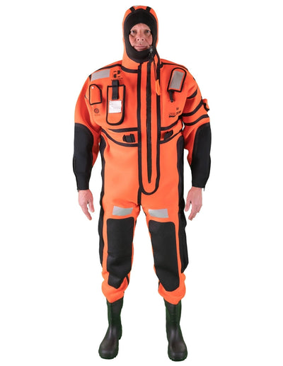 Hansen Protection SeaMob Anti Exposure Suit AES 82650– A suit specifically designed for rescue personnel on evacuation of ships and for use in MOB boats. SeaMOB is manufactured in 3 mm flame retardant, waterproof neoprene that provides insulation and buoyancy and is certified for use without lifejacket. The suit has an integrated, manual inflatable lung for proper flow position and increased freeboard. Fixed neoprene boots on the suit can be used in combination with fins. – Now available at MTN Shop EU.