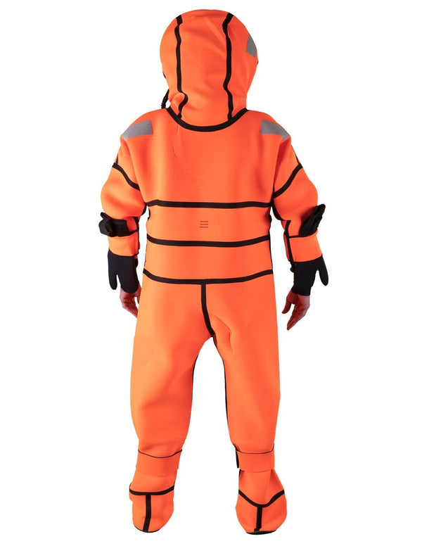 Hansen Protection SeaNordic Wet Suit 82606– A 6-hour immersion suit produced in extra strong flame-retardant neoprene. SeaNordic is equipped with an emergency light and has an integrated sprayhood that protects the face from waves and possibly seabirds. The hood has an innovative inflatable bladder for improved water tightness of the face seals, improved floatation and freeboard. The suit is certified for use without a lifejacket and is perfect as a survival suit on board fishing vessels, merchant ships and