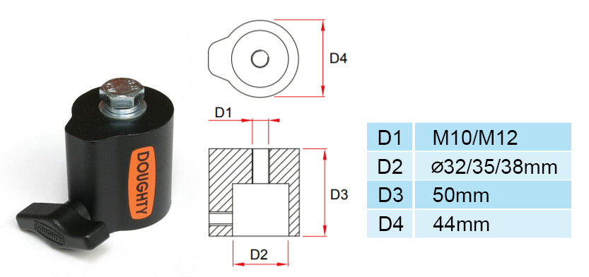 Doughty Tee Bar-bevestiging – Een standaard met een gat met binnendraad M10 of M12. Geleverd met bout en ringen. Verkrijgbaar voor ⌀32mm/⌀38mm standbuizen en ⌀35mm luidsprekerstatieven. – Nu verkrijgbaar bij MTN Shop EU. - imagen 2