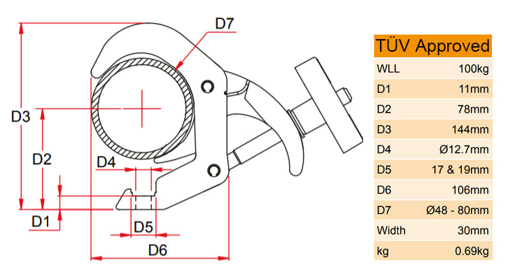 Pince à déclenchement rapide Doughty 48-80 mm (certifiée TÜV) – Convient aux tubes de ⌀48-80 mm. Construit en aluminium à haute résistance. Une grande poignée Easy-grip est installée pour faciliter l’utilisation. Largeur : 30 mm. Expédition rapide et internationale – Maintenant disponible sur MTN Shop EU. - imagen 3