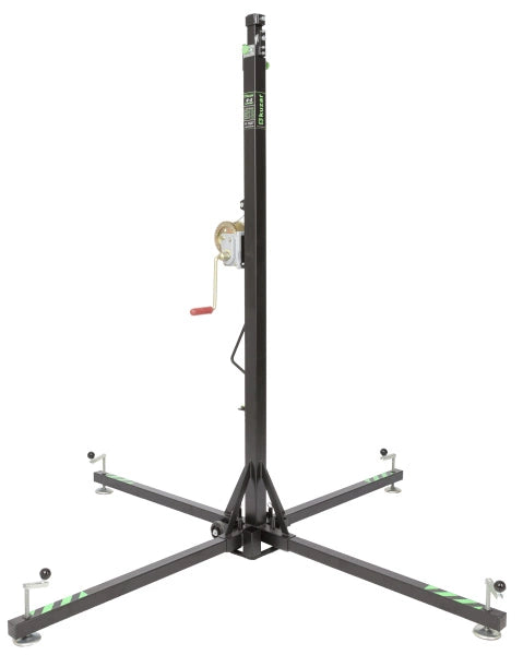 Kuzar Tower Lift K-2– Weighing only 32kg the K-2 is capable of lifting 125kg to a height of 5m. It is the only tower in the ultralight Kuzar range that reaches a maximum height of 5 meters. This tower is also intended for lifting light structures, the 4 legs have adjustable non-slip rubber plates. Its reduced weight and its two rear wheels make the transport very comfortable. Safety is provided by our automatic KAT trigger that locks the sections automatically while lifting the tower and also protects its l