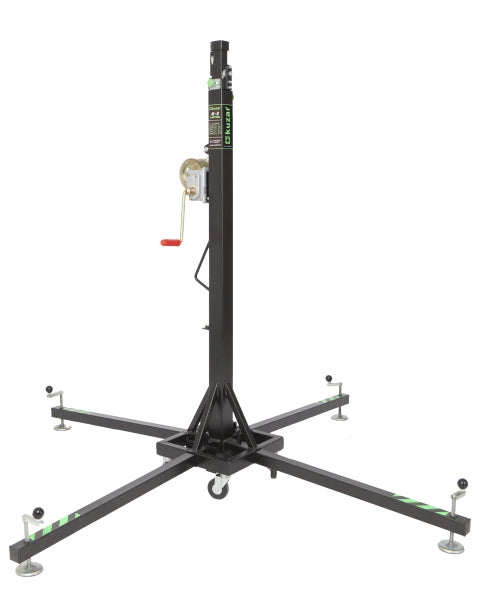 Kuzar Tower Lift K-3– Weighing only 41kg the K-3 is capable of lifting 125kg to a height of 5.35m. The K-3 is a compact lifting tower, reaching an important 5.35 meters of maximum height. This tower is also intended for the lifting of lightweight structures, but it already adds a much more robust base of square steel profiles with four wheels that makes transportation a child’s play, mounts four legs with adjustable non-slip rubber plates. Safety is provided by the automatic KAT trigger that locks the secti