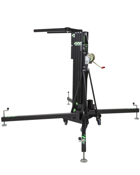 Kuzar Tower Lift K30– Weighing only 103kg the K-30 is capable of lifting 200kg to a height of 5m. The K-30 is a multipurpose tower for the elevation of Audio Systems, Line Array, truss structures, lighting systems, etc. The K-30 lifting tower is the lightest in the range. It is composed of 4 aluminum sections and a steel base provides stability, it comes with two extra lateral supports to provide more muscle when lifting P.A. In addition to four adjustable legs with non-slip rubber saucers. The 4 swivel whe - imagen 2