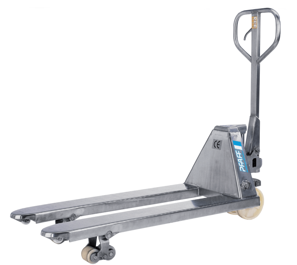 Pfaff-silberblau Handpalltruck- Rostfritt stål 2500KG– Handpalltruck (Rostfritt stål) För professionell transport av pallgods i korrosiva områden. – Nu tillgänglig på MTN Shop EU.