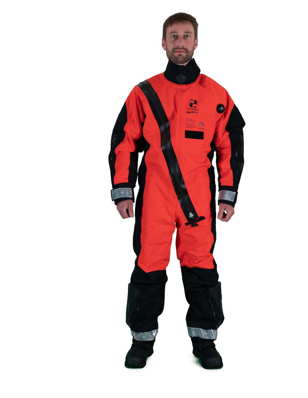 Hansen Protection SeaWind ETSO Suit III with Adjustable Neck Seal 85533– Comfortable suit for demanding conditions. Designed with focus on ergonomy, weight and comfort without compromise. SeaWind has been certified according to SOLAS-, ISO- and EASA-requirements (triple certified). As such it has been approved for most any demanding work situation. No other survival suit can claim to be suitable for such a wide range of applications as the SeaWind concept. The suit is approved for work, shipping and helicop
