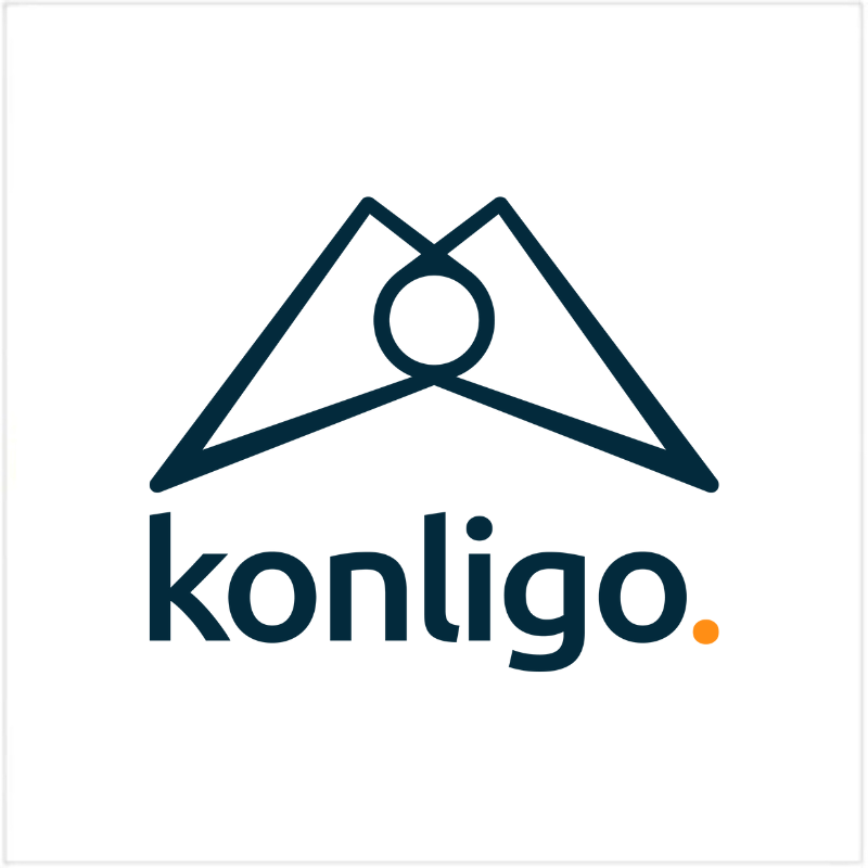 The official logo for Konligo, featuring an abstract dark blue geometric symbol that looks like a structural tent or canopy above the lowercase text konligo, finished with a bright orange period.