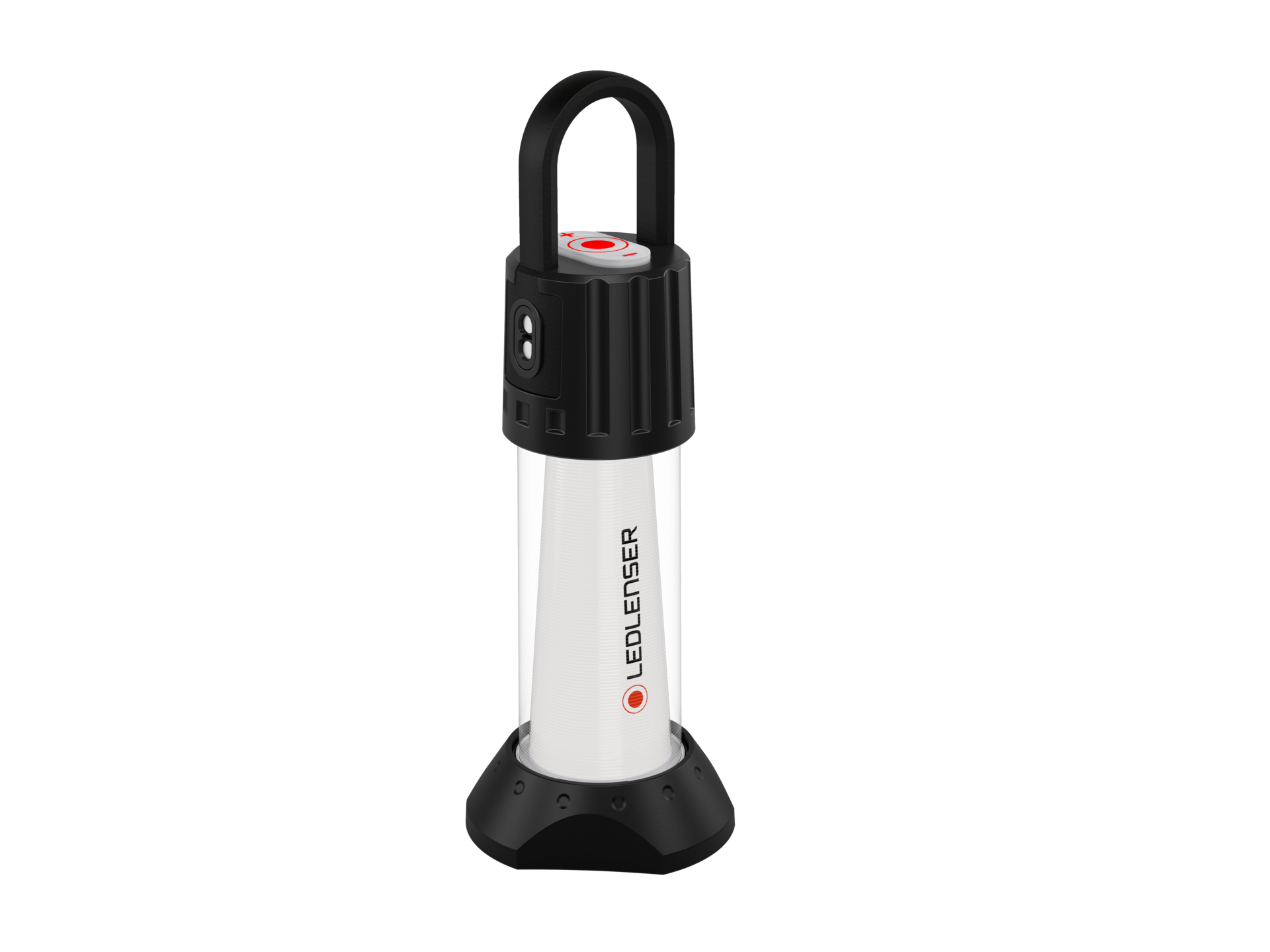 Portable LED camping lantern with handle, black top and base, and silver body.