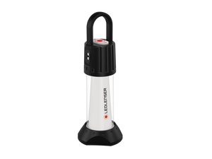 Portable LED camping lantern with handle, black top and base, and silver body.