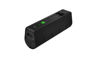 Black portable power bank with USB output, LED indicator lights, and power button
