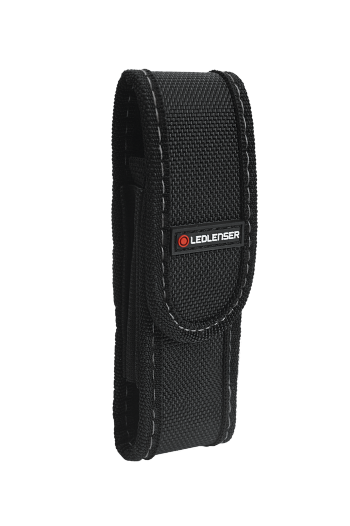 Black nylon flashlight holster with Velcro closure and Ledlenser logo.