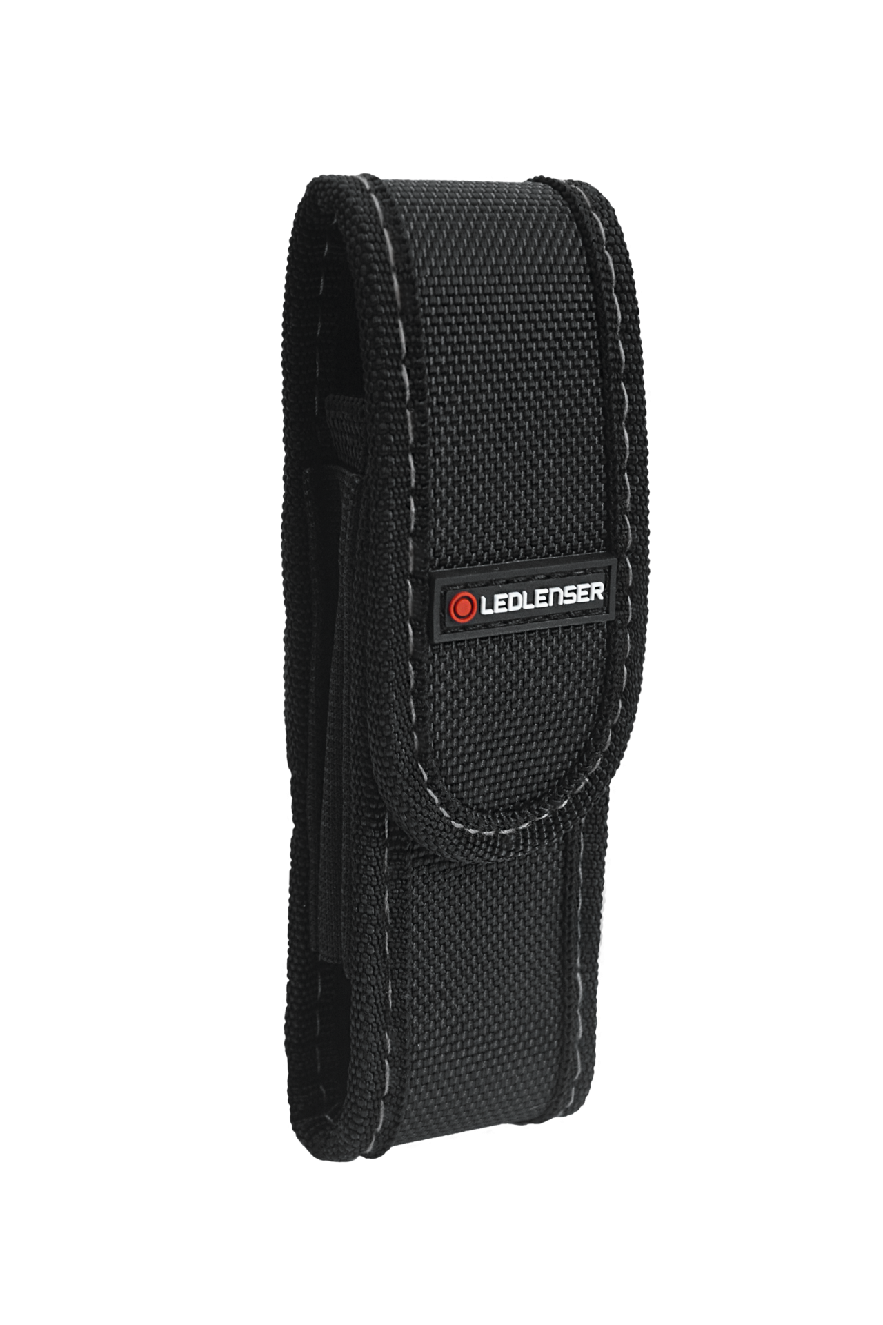 Black nylon flashlight holster with Velcro closure and Ledlenser logo.