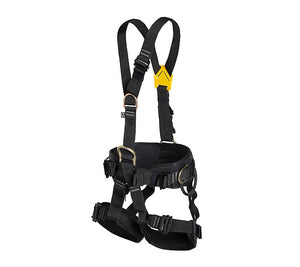 Full body safety harness with black webbing and yellow buckle at MTN Shop EU