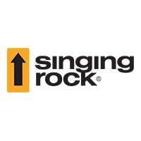 Singing Rock logo in black on a white back and arrow on orange backgroundground