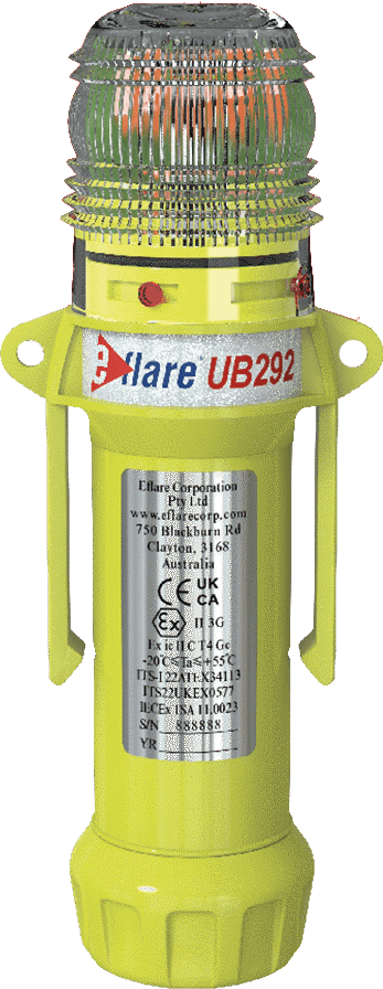 Eflare UB292 LED safety beacon, front view showing dome lens, mounting bracket and product label
