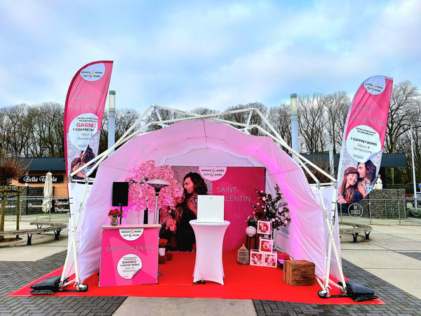 Konligo Arko470 modular event structure with full Valentine's Day-themed printed backdrop, perfect for romantic activations and promotions – now available on MTN SHOP US.