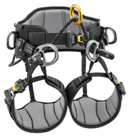 Gray climbing harness with black straps and yellow accents on a white background