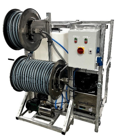 Industrial reel system with control panel on a white background