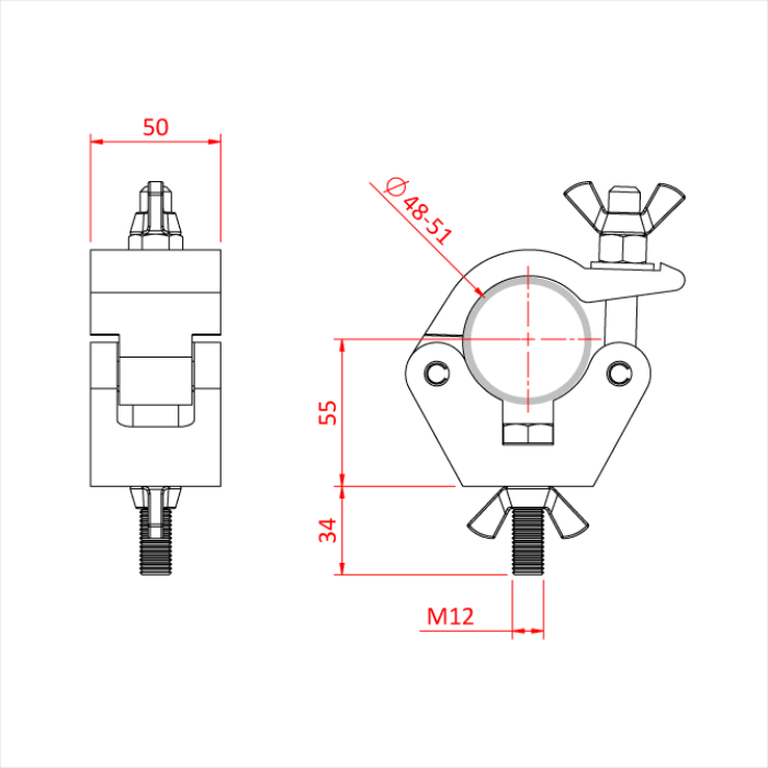 Doughty All Weather Hook Clamp - Adjustable pipe clamp with dimensions and wingnut closure. - imagen 4