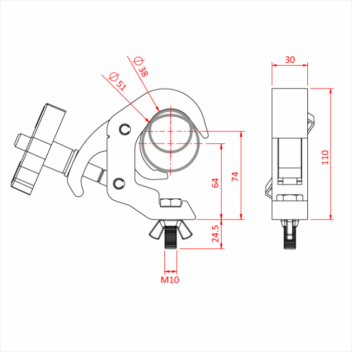 Doughty All Weather Slimline Quick Trigger Hook Clamp - Heavy-duty truss clamp technical drawing with dimensions. - imagen 3