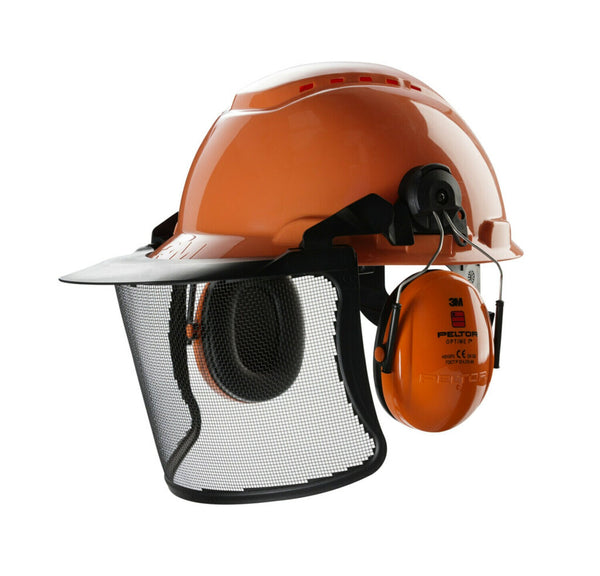 Detailed product image of 3M Forestry Hard Hat Combination, H700 Orange Hard Hat, Optime I Earmuffs, Steel Mesh Faceshield V4G (SKU: V4G). Optimized for clarity.