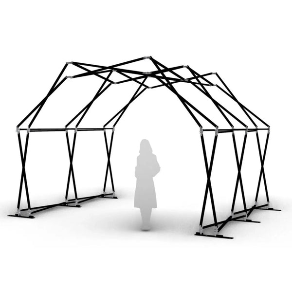 Geometric black metal frame structure on a white background