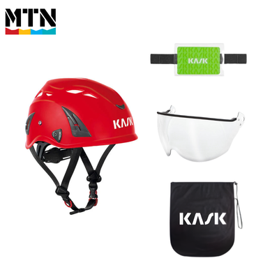 Red helmet with black straps, white visor, and black pouch with KASK branding on a white background.