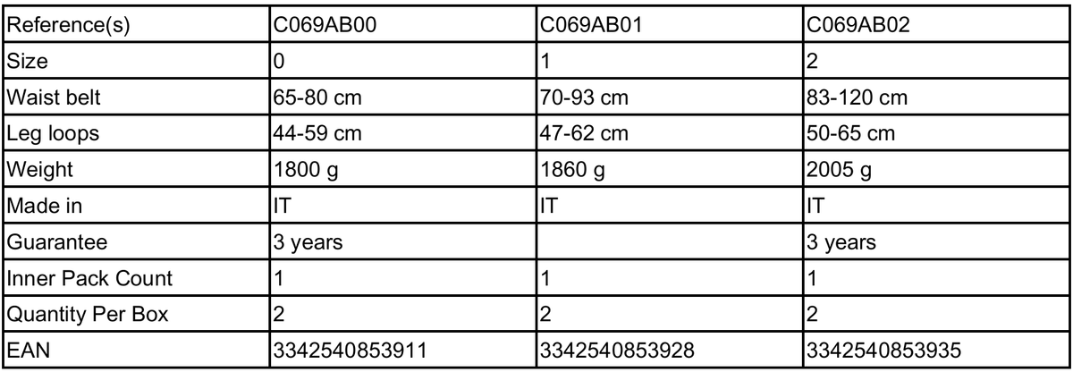 Product specifications table for waist belts with different sizes, weight, and dimensions. - imagen 7