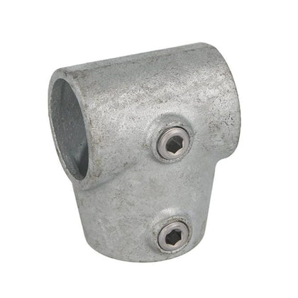 Doughty Pipeclamp Angled Single Socket Tee 4-10 Degree - Galvanized steel pipe fitting with hex screws.