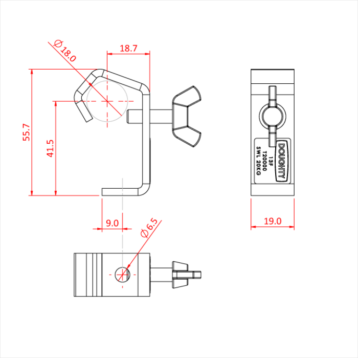 Doughty 18mm Light Duty Hook Clamp - Technical drawing clamp mechanism with precise dimensions outlined. - imagen 3