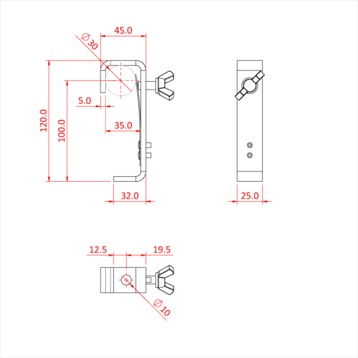 Doughty 30mm Hook Clamp c/w Protector Strip - Technical bracket diagram with detailed measurements and dimensions. - imagen 3