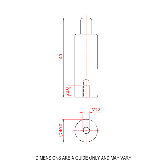 Doughty 80SV III ZW M12 Female - Steel component technical drawing, dimensions labeled M12, 140x40mm. - imagen 2