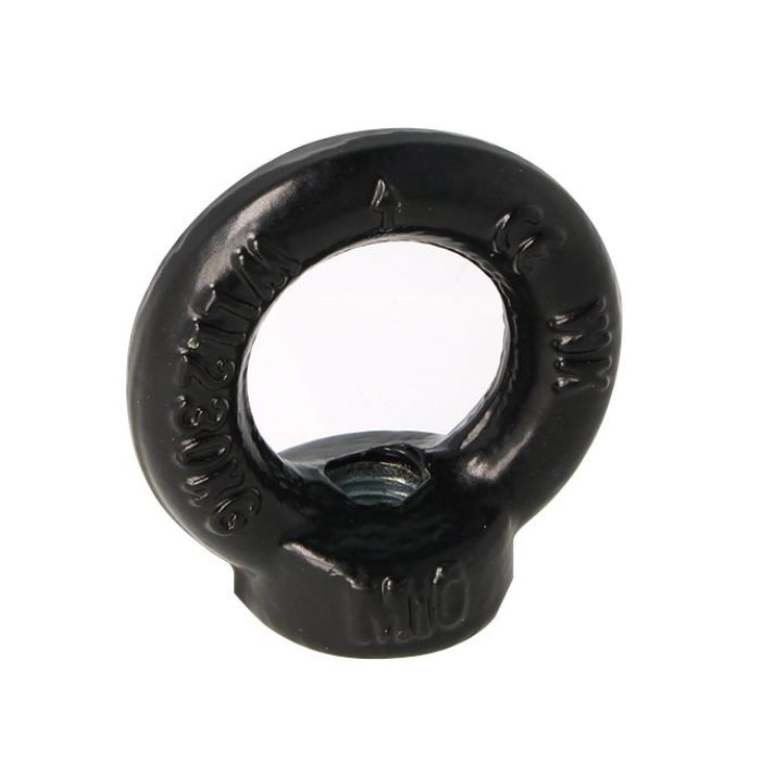 Doughty Engineering - Doughty M10 Eye Nuts. Black metal lifting eye nut with a threaded hole. It has embossed markings around the circular part, indicating specifications. - imagen 4