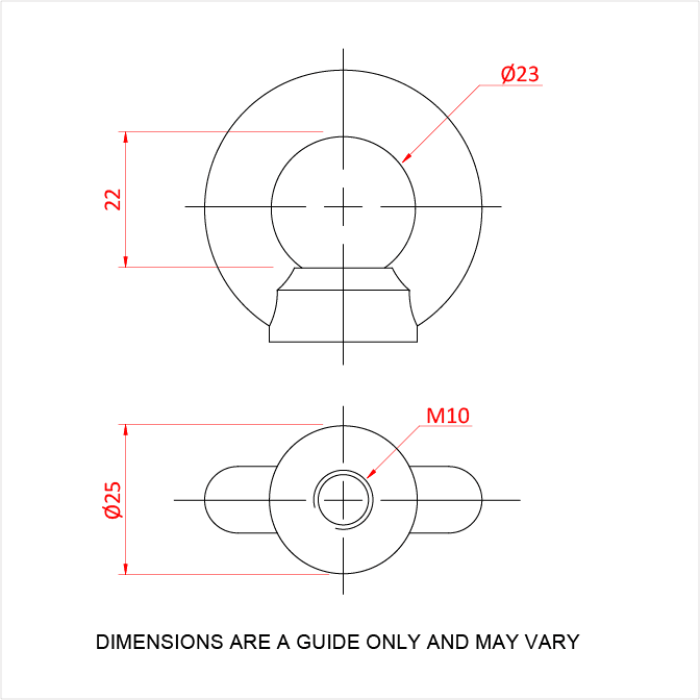 Doughty Engineering - Doughty M10 Eye Nuts -Technical drawings of a circular object with dimensions indicated in red. T42200 - imagen 3