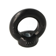 Doughty Engineering - Doughty M12 Eye Nuts - The image shows a black metal eye bolt with a circular loop on top and a threaded hole at the bottom. The bolt is designed for heavy-duty use, featuring embossed numbers or letters on its surface. It appears sturdy and industrial, suitable for lifting or securing applications. - T42300 - imagen 9