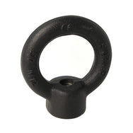 Doughty Engineering - Doughty M12 Eye Nuts - The image shows a black metal lifting eye bolt with a circular loop and threaded base. It is designed for lifting or securing loads and appears robust and industrial. The surface is smooth with engraved markings. - T42300 - imagen 10