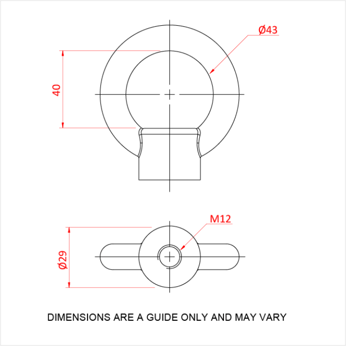 Doughty Engineering - Doughty M12 Eye Nuts - The image depicts a technical drawing of a mechanical component with two views. The first view shows the front, with a circular measurement of 40 units in height and a diameter marked as Ø43. The second view provides a top view with a diameter of Ø29 and an M12 marking, indicating a metric thread size. A note at the bottom states that dimensions are a guide only and may vary. - T42300 - imagen 17