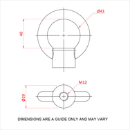 Doughty Engineering - Doughty M12 Eye Nuts - The image depicts a technical drawing of a mechanical component with two views. The first view shows the front, with a circular measurement of 40 units in height and a diameter marked as Ø43. The second view provides a top view with a diameter of Ø29 and an M12 marking, indicating a metric thread size. A note at the bottom states that dimensions are a guide only and may vary. - T42300 - imagen 17
