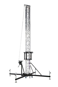Fully assembled Kuzar K-10 tower lift standing vertically with its premium 6082-T6 aluminium sections, wide steel base stabilizers, and manual hoist winch system. - imagen 2