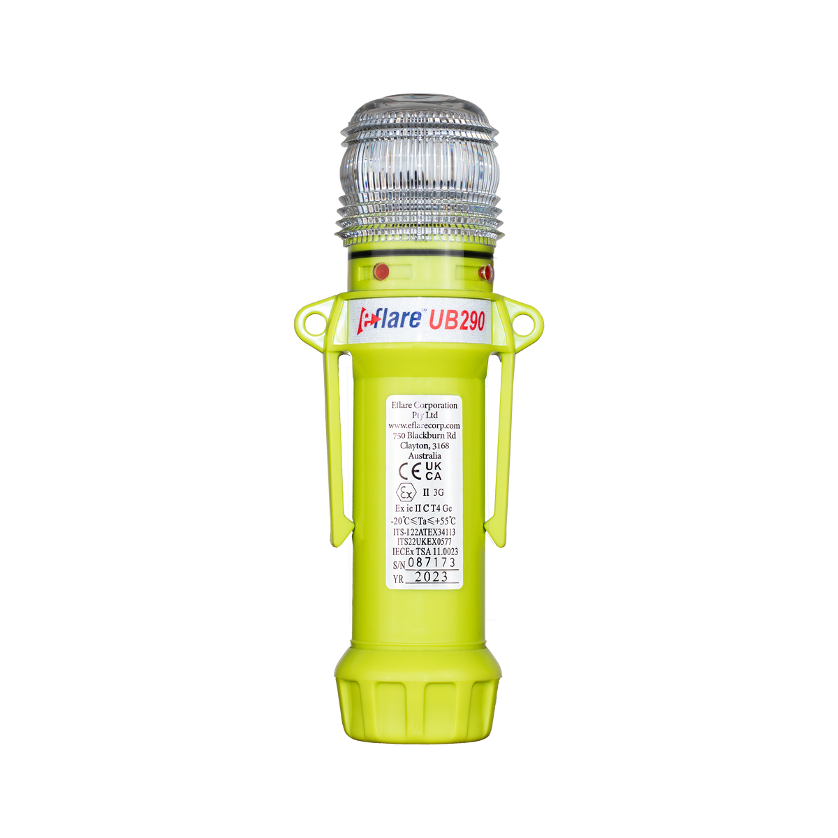 Eflare UB290 Series LED Safety Beacon, front view showing clear lens and fluoro yellow housing - imagen 3