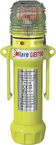 Eflare UB700 LED safety beacon, front view showing dome lens, mounting bracket and product label