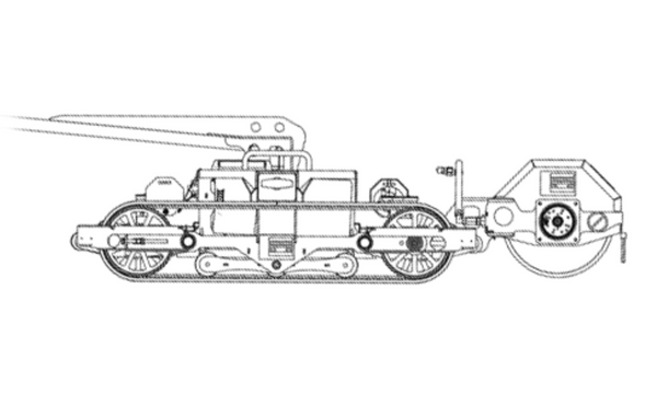 Technical drawing of a steamroller on a white background